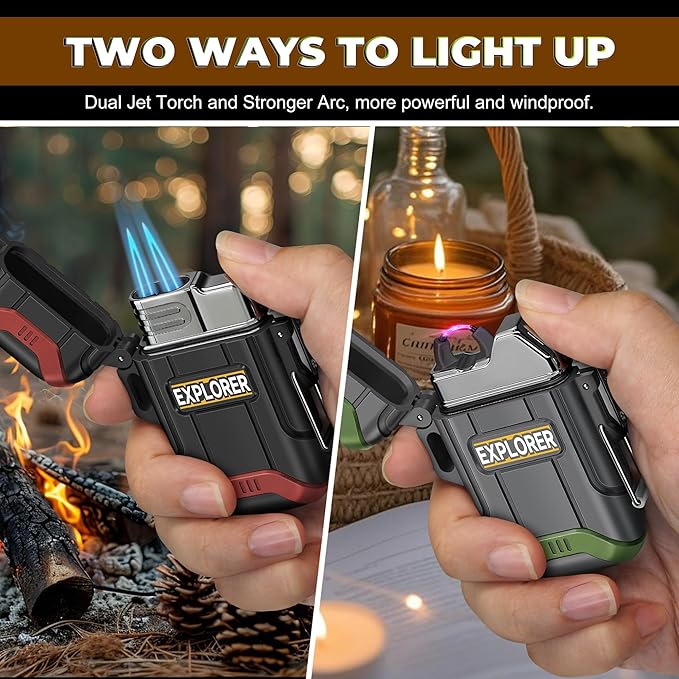 Lafagiet 2 Pack of USB-C Electric Lighter & Dual Torch Lighter Butane Gas refillable, Waterproof Windproof Lighters Multipack for Hiking, Camping, Outdoor Gear (NO Gas)