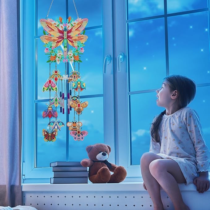 Dragonfly Diamond Art Painting Wind Chimes DIY Kits Bee 5D Diamond Art Wind Chime Hanging Ornament Set Double Sided Special Shaped Beads by Number Mosaic Wind Chime Pendant for Yard Tree Home Decor
