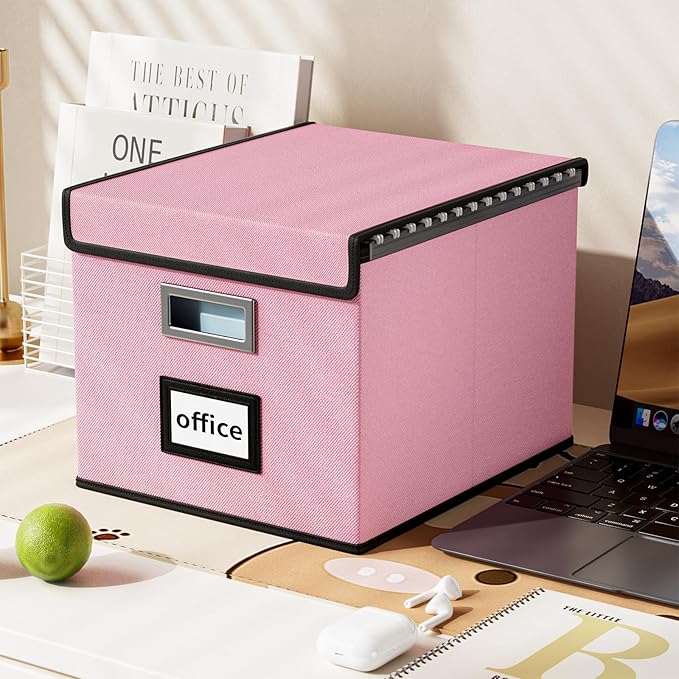 Huolewa File Organizer Box with Lid, Collapsible File Folder Organizer for Office Document Storage, Filing Box with Plastic Slide for Letter Size Hanging File Folders(1 Pack, Pink)