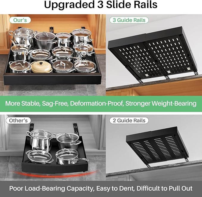 Pull out Cabinet Organizer, Expandable Width(14"-24"), Depth(13"-24") with 3 Rails, Slide Out Drawers With Raising Pad for Framed Cabinets, Fixed with Adhesive Film for Cabinets in Kitchen, Black