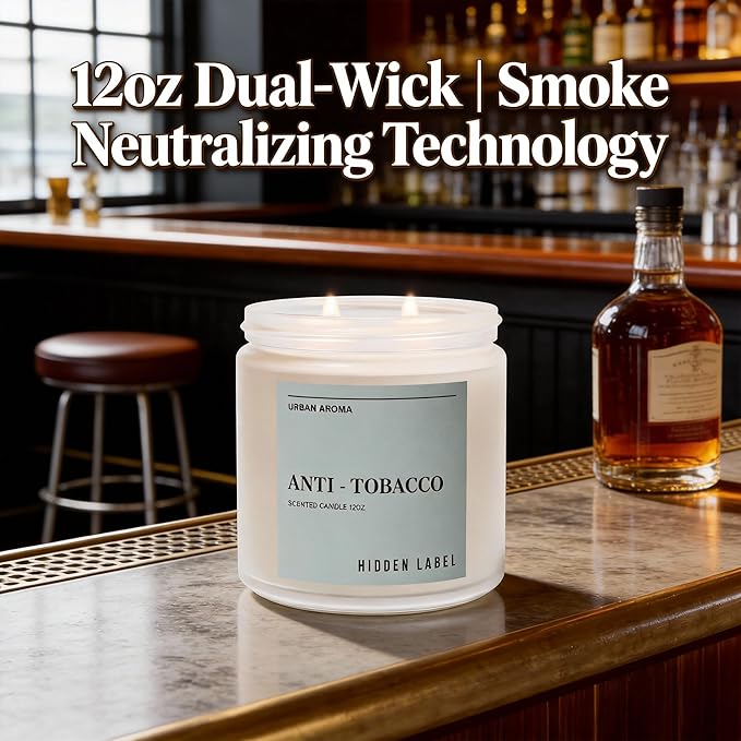 Hidden Label Anti Tobacco Scented Candle, 12oz Natural Soy Candle for Men, 70-Hour Clean Burning, Smoke Neutralizing & Air Purifying, Bachelor Pad Decor & Man Cave Essential, Gift for Him