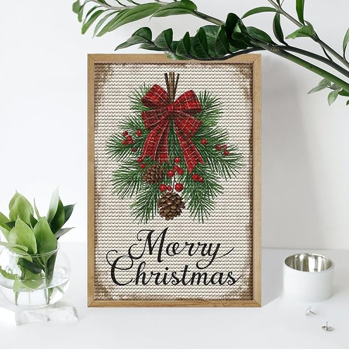 AIVKIEJK Diamond Painting Kits for Adults - Merry Christmas Holly, Pine Cones & Red Plaid Bow Painting DIY 5D Full Drill Diamond Dots Paintings with Diamonds Gem Art and Crafts Home Decor 8"x12"