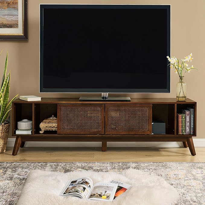 Amposei Mid Century Modern TV Stand Entertainment Center for 65/70/75 inch TVs, Sliding Rattan Door Wooden Console Storage Cabinet with Wood Legs for Living Room, Walnut