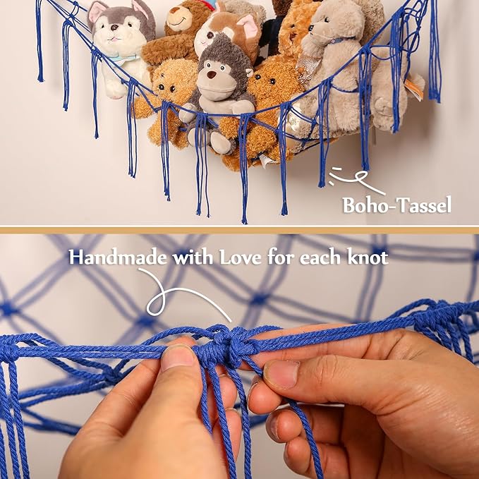 YKBU Stuffed Animals Hammock Corner Hanging Net Macrame Stuffed Animal Storage Plush Toy Holder Toy Organizer for Boho Nursery Playroom Bedroom Kids Room (blue, m)