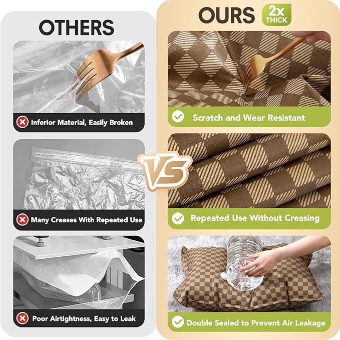 6 Pack Cloth Vacuum Storage Bags, Vacuum Seal Bags for Clothing with Hand Pump, 2 Large+4 Medium, 80% Space Saver Bags for Luggage, Comforters,Blankets, Home Travel Essentials(Khaki Checkered)