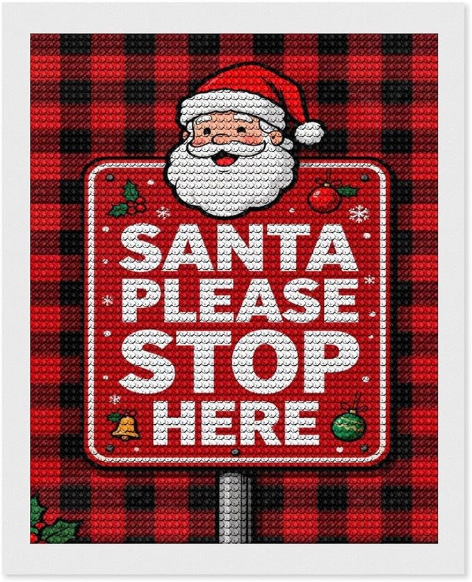 AIVKIEJK Diamond Painting Kits for Adults - Holly & Stars, Santa Please Stop Here Painting DIY 5D Full Drill Diamond Dots Paintings with Diamonds Gem Art and Crafts Home Decor 16"x20"