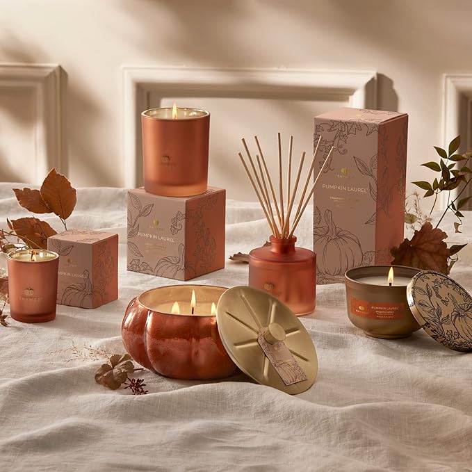 Thymes Scented Candles for Home Decor - Luxury Home Fragrance Gifts for Women & Men - Fall Candles with Creamy Pumpkin, Nutmeg, & Cinnamon - Burnt Orange Votive (Pumpkin Laurel, 2 oz)