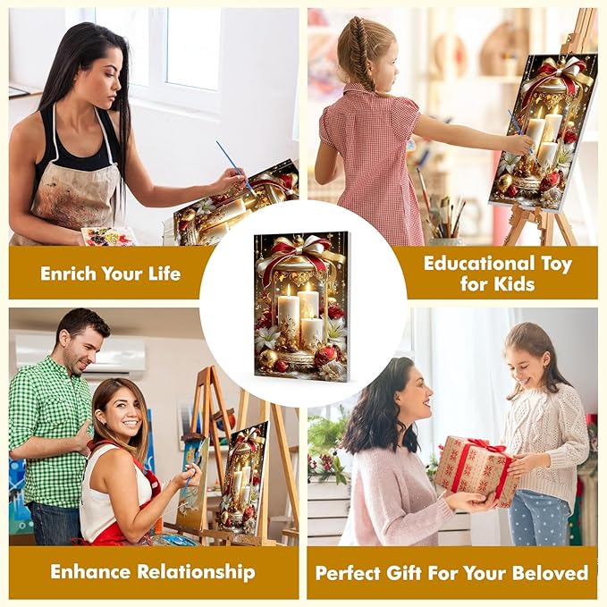 Bowetile Christmas Paint by Numbers for Adults Beginners Framed, Candles Adults' Paint-by-Number Kits, Adult Paint by Number Kits on Canvas, Acrylic Number Painting for Home Decor, 8x12in