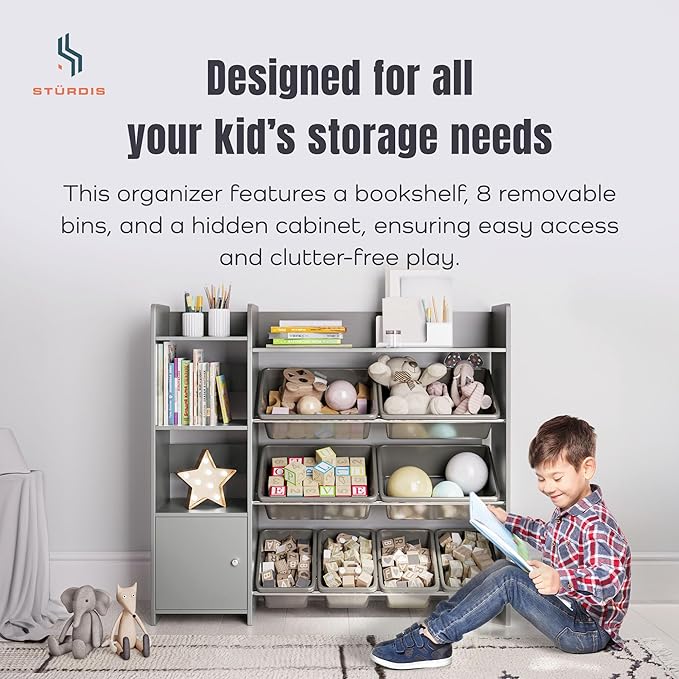 Sturdis Toy Storage Organizer with Bookshelf, Kids Playroom Organization Shelving Unit with Removable Storage Bins & Safety Anti-Tip Bracket, Gray