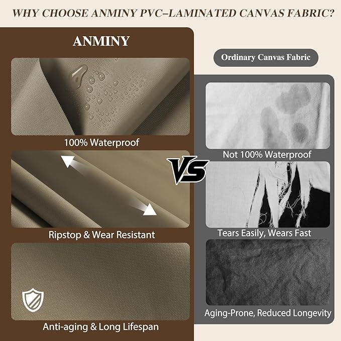 ANMINY 100% Waterproof Outdoor Fabric 15 Yards, 58" W 600D Marine Canvas Fabric with PVC Backing, Ripstop Upholstery Material by The Yard for Furniture Boat Covers Tent Awning, Khaki