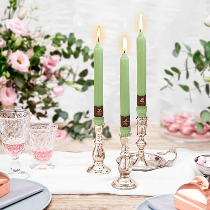 Green Taper Candle 8 Inch Long Candlesticks Unscented Dripless Tapered Candle Set for Home Decor Wedding Party Dinner Candles, 4 Pack