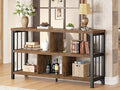 IBF Farmhouse 3 Tier Open Book Shelf, Wood and Metal 5 Cube Storage Organizer, Modern Low Horizontal Bookshelf for Bedroom Living, Long Wide Office Cubby Bookcase with Storage, Rustic Brown, 47 Inch