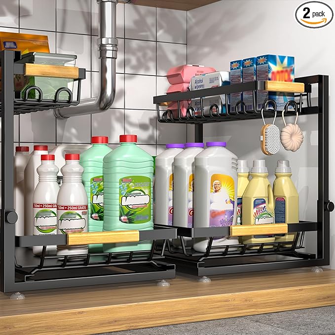 2 Packs Under Sink Organizer, Height Adjustable 2 Tier Under Kitchen Sink Organizer, Multi-Purpose Storage Shelf for Kitchen Bathroom Cabinet (Black, Extra Large)