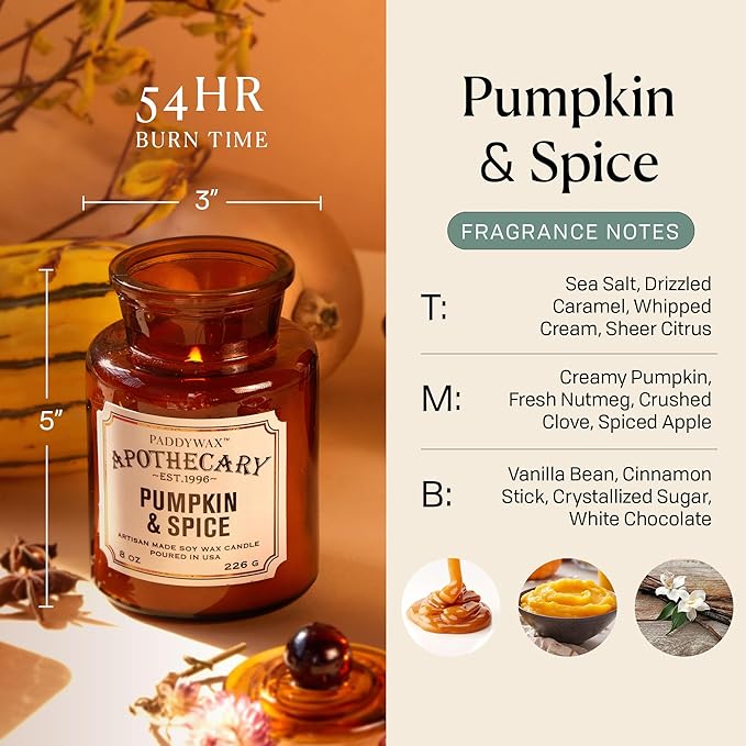 Paddywax Artisan Apothecary Scented Candle with Lid in Reusable Glass Jar, Clean-Burn Soy Candle with Approx. 54 Hour Burn Time, Pumpkin & Spice, 8 oz.
