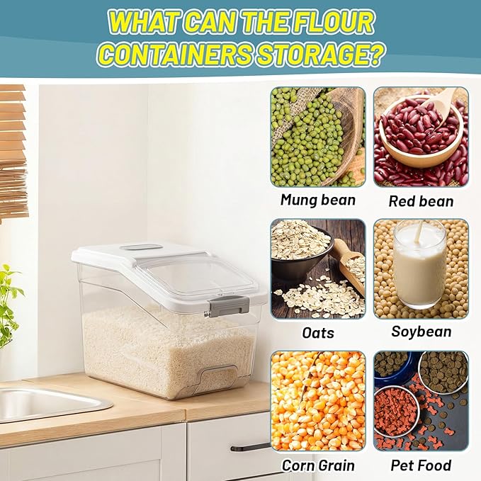 4 Pack Large Rice Storage Containers 30 Lbs Airtight Flour Container with Seal Locking Lid and Measuring Cup Kitchen Dry Food Storage Bins for Cereal Sugar Beans(Transparent and White)