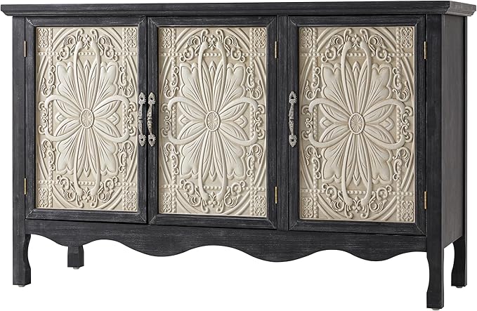 RoyalCraft Buffet Cabinet with Storage, Vintage Solid Wood Sideboard with 3 Carved Doors, Painted Coffee Bar Console Table for Dining Room, Living Room, Kitchen, Black