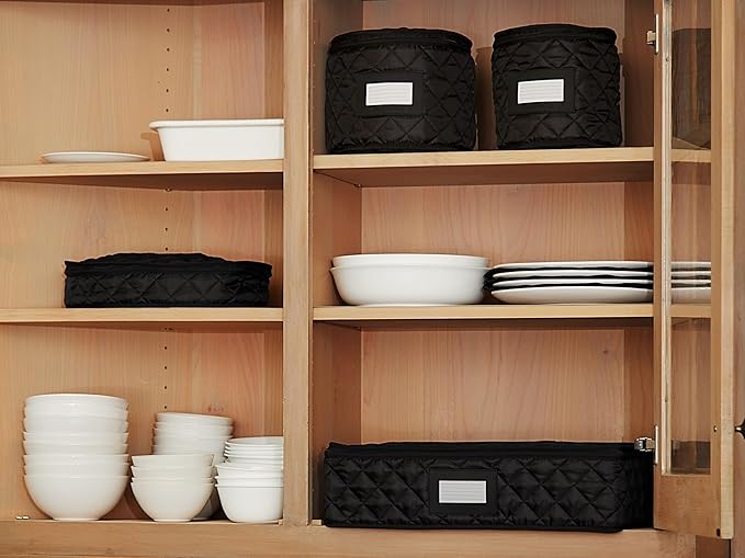 Covermates Keepsakes Dish Storage Set – Padded China & Dinnerware Storage Cases with Dividers, Cup & Stemware Storage, Quilted Polyester Protection, ID Window, Black