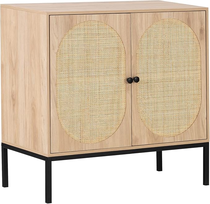 Sideboard Buffet Cabinet with 2 Natural Rattan Decorated Oval Doors, 31.5" W Accent Rattan Cabinet, Boho Credenza Storage Cabinet, for Living Room Dining Room Hallway, Metal Legs, Natural(2 PCS)