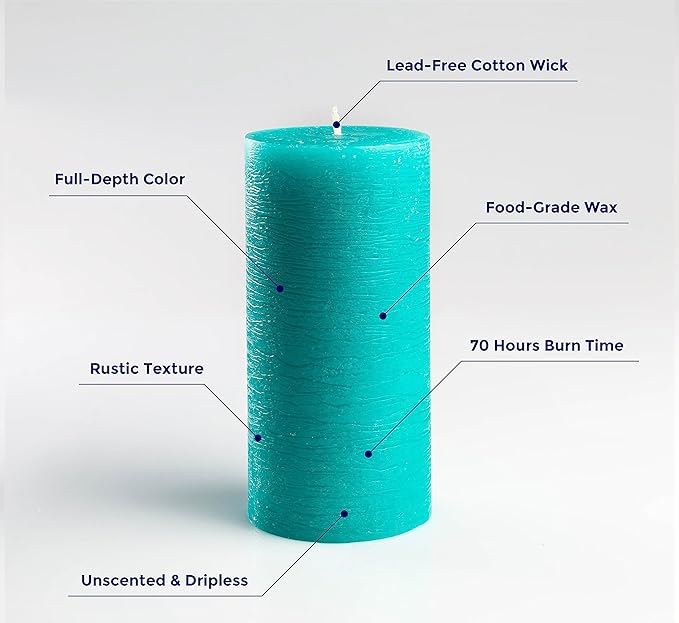 Set of 3 Pillar Candles 3" x 6" Unscented Handpoured Weddings, Home Decoration, Restaurants, Spa, Church Smokeless Cotton Wick - Turquoise