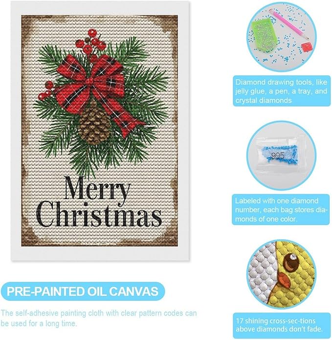 AIVKIEJK Diamond Painting Kits for Adults - Merry Christmas Holly, Pine Cones & Red Plaid Bow Painting DIY 5D Full Drill Diamond Dots Paintings with Diamonds Gem Art and Crafts Home Decor 8"x12"