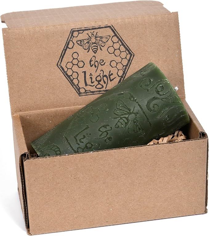 BeeTheLight Beeswax Pillar Candle - 100% Pure Bees Wax - Choose Your Size and Color - 72 Hour Burn Time - Fits 3x6 Holder - Unscented - Natural Light Honey Scent (Earthen Green, Large)