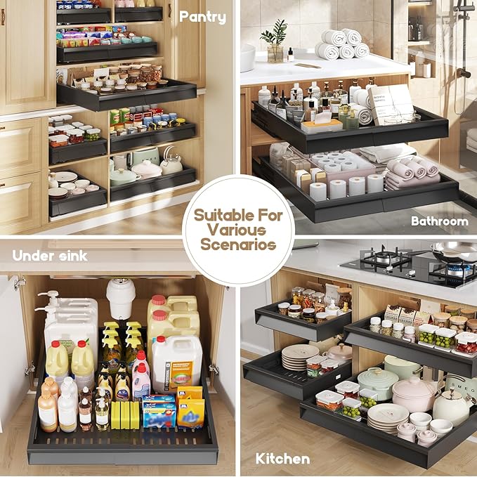 2 Pack Pull Out Cabinet Organizer With Raising Pad for Framed Cabinets,Expandable Width (13"-21") and Depth (17"-24"),3 Slide Rails Slide Out Drawers with Handle,No-Drill Roll Out Shelf,Black