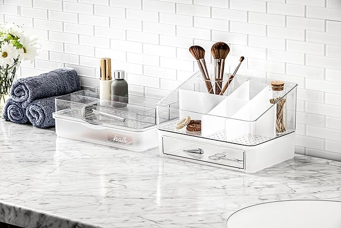 madesmart Stackable Pull-Out Drawer Organizer, Clear Drawer for Makeup, Cotton Balls, Skincare & Bathroom Essentials, Countertop or Cabinet Storage, White