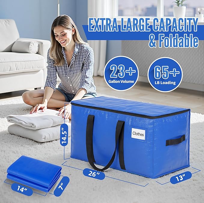 BAGAIL Heavy Duty Moving Bags with Strong Handle, Extra Large Moving Boxes, Storage Tote for Clothes, College Moving Supplies(Blue, 2 Pack)