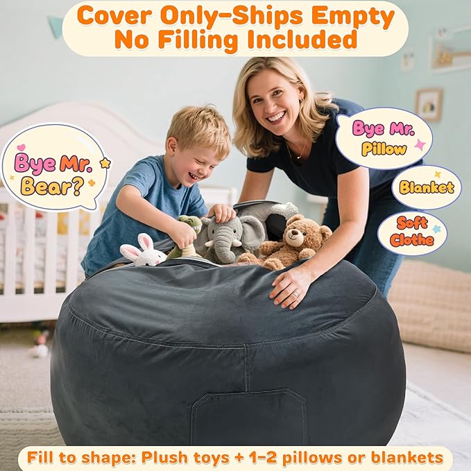 Lukeight Stuffed Animals Storage Bean Bag Chair Cover Only (Ships Empty, No Filling) - Velvet YKK Zipper Beanbag Cover for Kids and Big kids, Washable Plush Toy Organizer, X-Large 30" D x 18" H