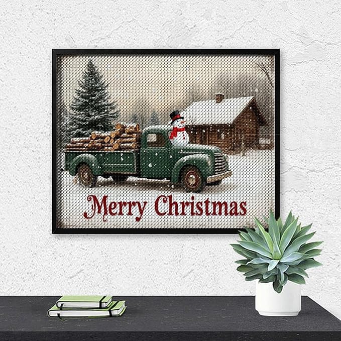 AIVKIEJK Diamond Painting Kits for Adults - Christmas Truck with Snowman & Cabin Winter Painting DIY 5D Full Drill Diamond Dots Paintings with Diamonds Gem Art and Crafts Home Decor 16"x20"