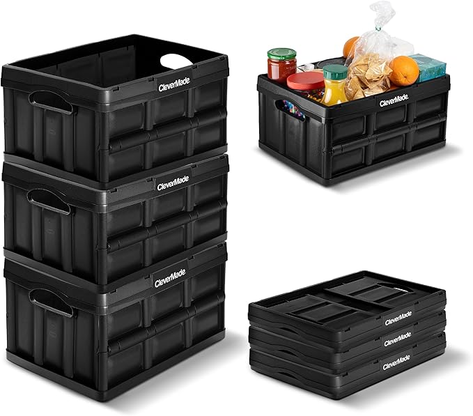 CleverMade Collapsible Storage Bins 32L 3 Pack – Heavy Duty Foldable Storage Bins with Built-In Handles for Garage Storage and Home Organization - Obsidian