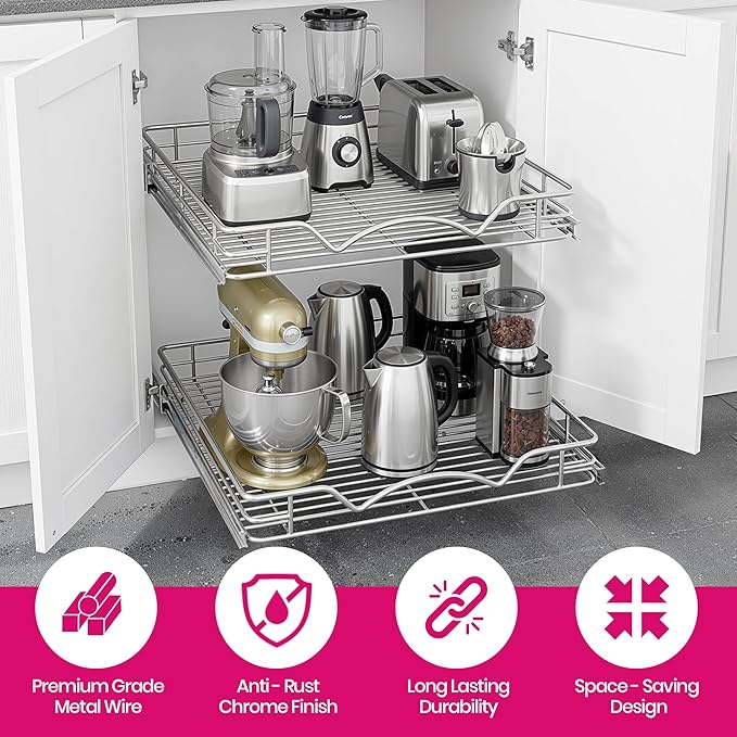 2-Tier Pull-Out Cabinet Organizer with Heavy-Duty Steel Frame, Full-Extension Sliding Shelves, Holds 100 lbs, Easy Install for Kitchen, Pantry & Under Sink Cabinets, 17" W x 21”D x 16.5" H
