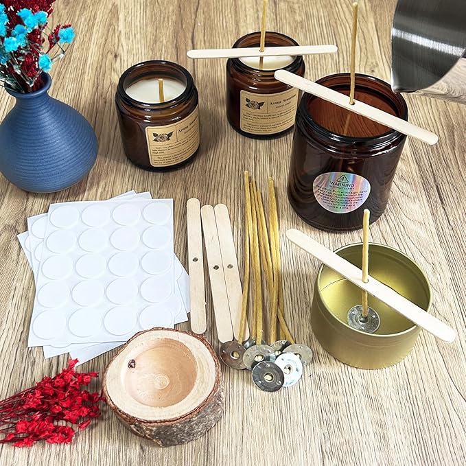 50 Pcs 8" Natural Candle Wicks,Pre-Waxed by Natural Beeswax & Tabbed with 60Pcs Candle Wick Stickers and 5 Pcs Wooden Candle Wick Centering Device, for Candle Making，Candle DIY