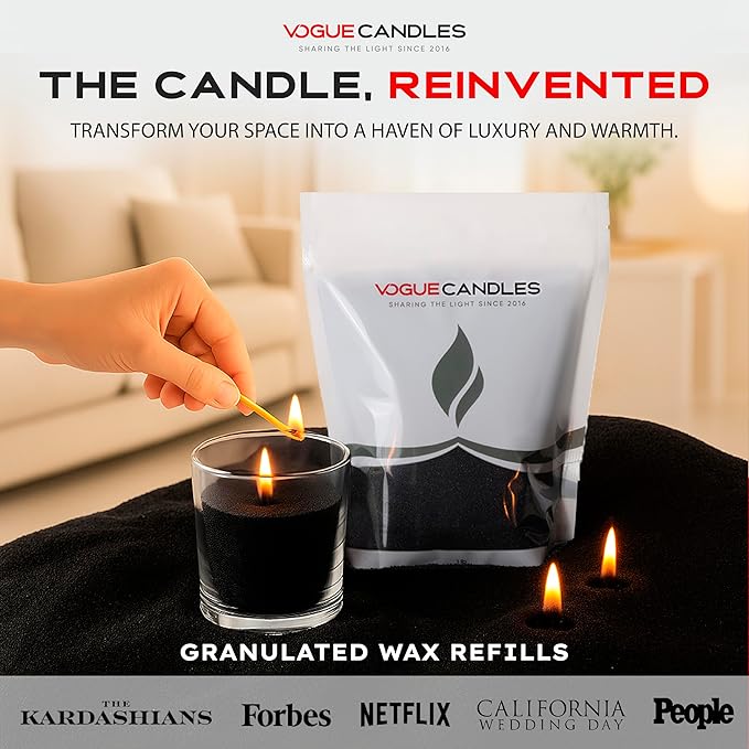 Vogue Candles Granulated Black Wax Refill – 1LB Pearled Candle Sand Wax – Mother’s Day Candle Kit with 15 Cotton Wicks for DIY Home Lighting – Plant-Based & Reusable for Clean Burning & Custom Vessels