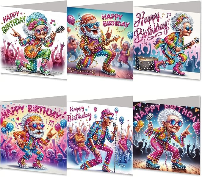 DoxQcs 5D Diamond Art Painting Greeting Cards Kit, DIY Cards for Blessings Congratulations Gifts, Greeting Card Set for Birthday Thanksgiving Day Christmas Halloween-Birthday Rock Party