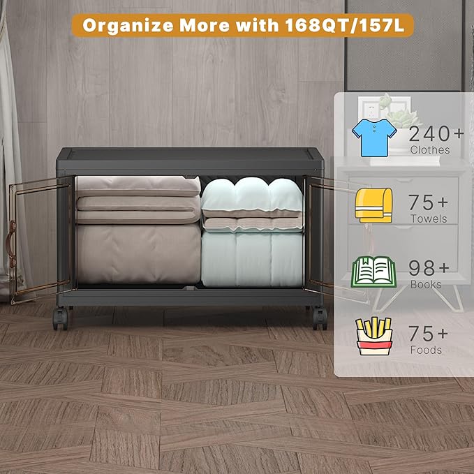 UAMFURI Extra Large Stackable Storage Bins with Lids & Wheels, Foldable Collapsible Closet Organizers Dark Storage Cabinet with Doors for Bedroom Dorm