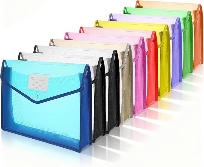 10 Pcs Plastic Expanding File Folders with Snap Closure Transparent Document Organizer Holder for A4/Letter Size Capacity 9 Vibrant Colors Waterproof Tear Resistant