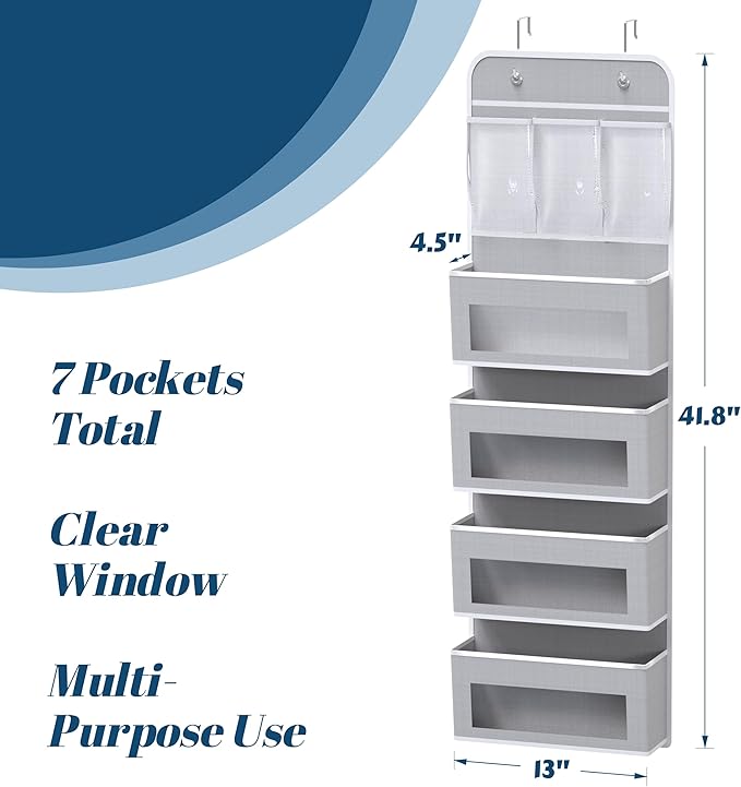 Simple Houseware 4 Clear Window Pocket Over Door Storage Hanging Organizer with 3 Clear Pockets for Bedroom, Bathroom, Pantry, Gray