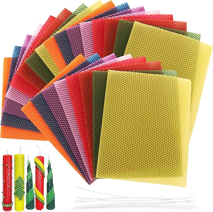 LDHHYH 24pcs 8 x 10 Inch Beeswax Sheets for Candle Making, 8 Colorful Beeswax Candle Making Kit for Adults, Honeycomb Sheet with Cotton Wick for DIY Craft Gift