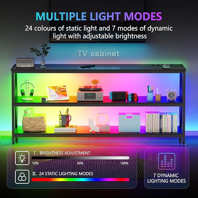 Lvifur RGB TV Stand up to 65''Televisions, TV Console Table with Wireless Charging Station,Entertainment Center with Human Body Sensor and Storage Shelves for Living Room，Bedroom(Black)