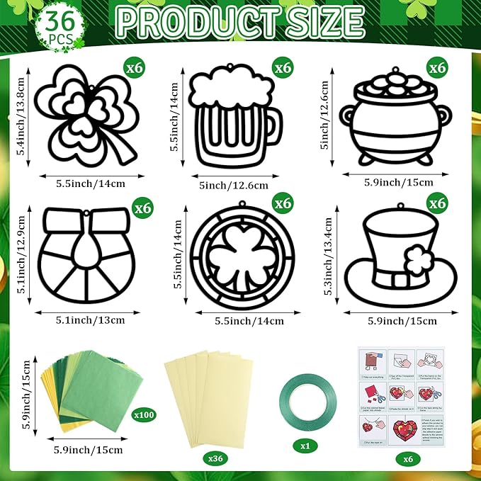 Qyeahkj 36 Set St. Patrick's Day Suncatchers Crafts for DIY Shamrock Window Tissue Paper Craft Kit Hanging Decor for St. Patrick's Day Home Activity Art Project Birthday Party Favor