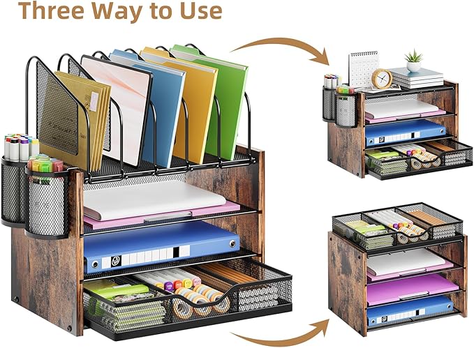 Marbrasse Desk Organizer with Drawer, 4-Tier Wooden File Organizer with 5 Vertical File Holders and 2 Pen Holders, Desk Organizers and Accessories for Home Office - Dark Brown