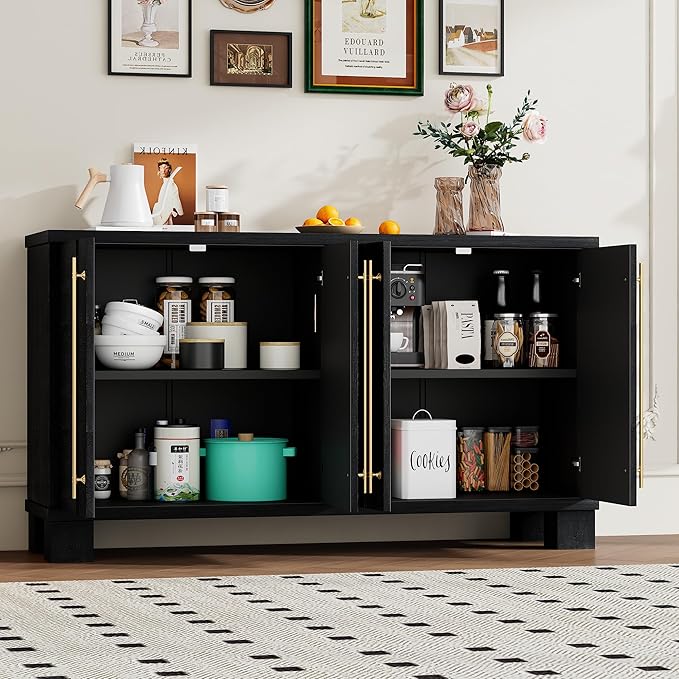 Amposei Modern Sideboard Cabinet 60-Inch Wood Credenza Console Storage Cabinet Dining Buffet Table with 4 Doors and Adjustable Shelves for Living Room Entryway, Black