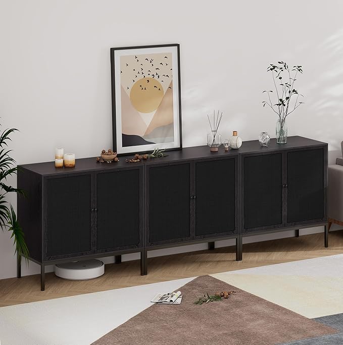 XIAO WEI Farmhouse Boho Sideboard Buffet Cabinet with Black Rattan Doors, Accent Credenza Console Storage Cabinet with Metal Legs for Living Room, Kitchen