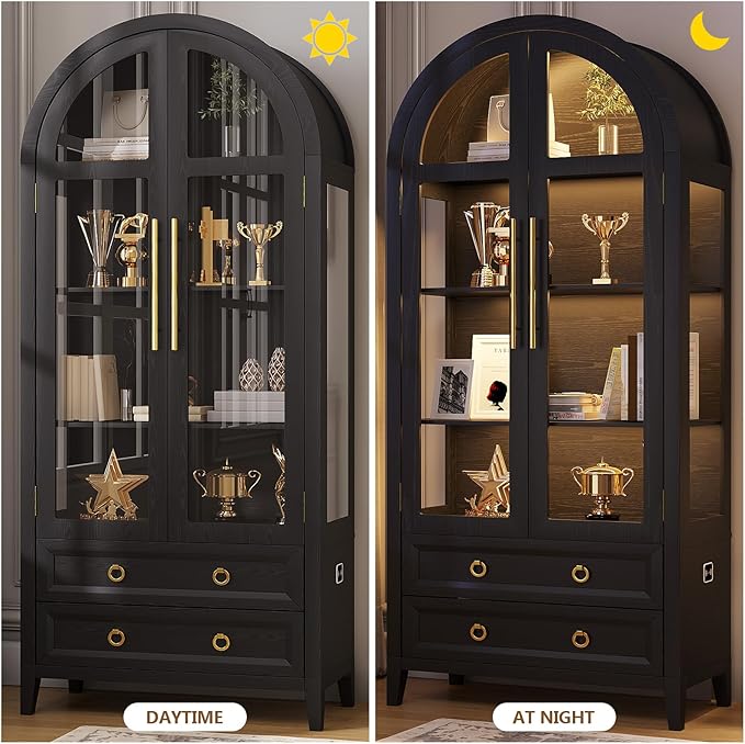 LVSOMT 71" Tall Arched Storage Cabinet with Glass Doors and Drawers, Curio Display Cabinet with Adjustable LED Light & Human Sensor, 4-Tier China Cabinet for Living Room(Black)