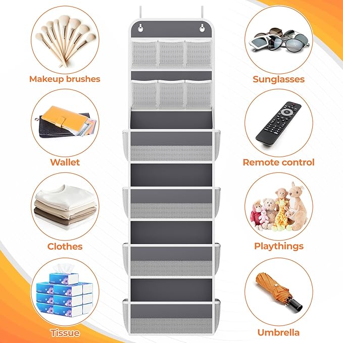 6-Tier Over The Door Organizer with Mesh Pockets, Baby Nursery Storage for Closet, Bathroom and Bedroom, Adjustable Hanging Closet Organizer for Cosmetics, Books and Essentials (Dark Grey)