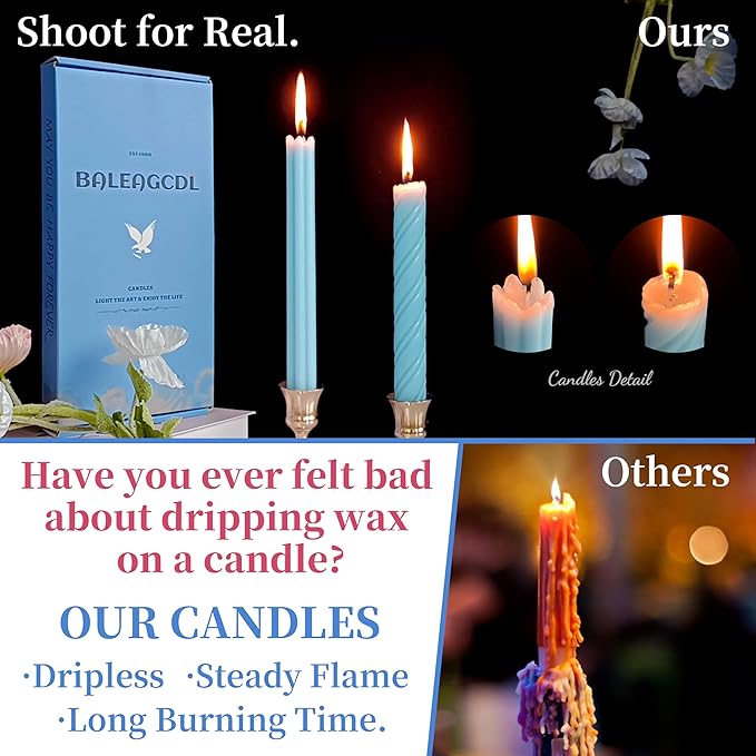 Dripless Blue Spiral Taper Candles Smokeless Long Lasting Burn10 Inch Roman Column Candlesticks for Home Décor Dinner Parties Romantic Evenings