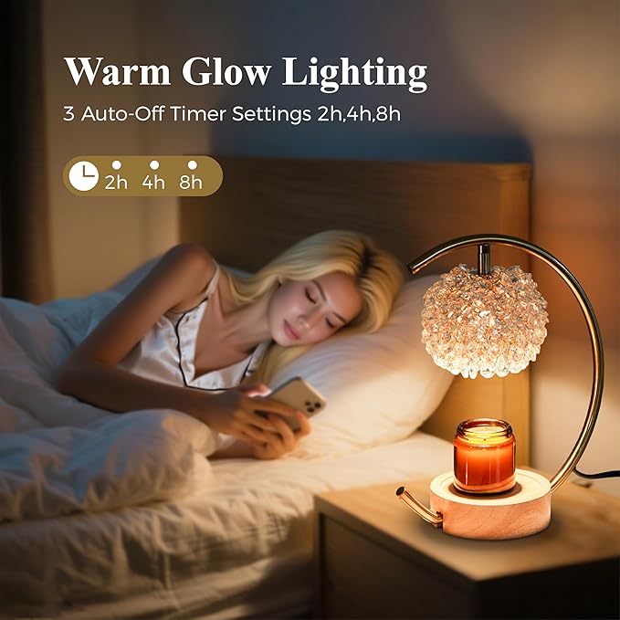 Yeuslor Gold Candle Warmer Lamp for Jar Candles with Adjustable Brightness＆Timer，Handcrafted Crystal＆Wooden Base, Luxurious Design,Home Decoration Electric Candle lamp(C-Shaped)