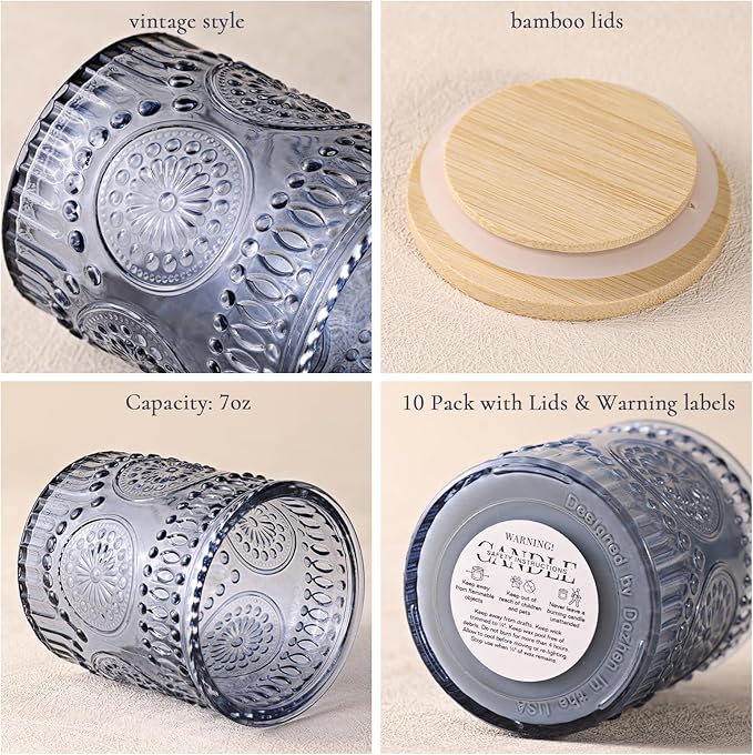 8oz Blue Glass Candle Jars with Lids for Making Candles Set of 10, Empty Candle Containers, Candle Making Supplies for Candle DIY, Candle Vessels Candle Making Kit, Blue Decor