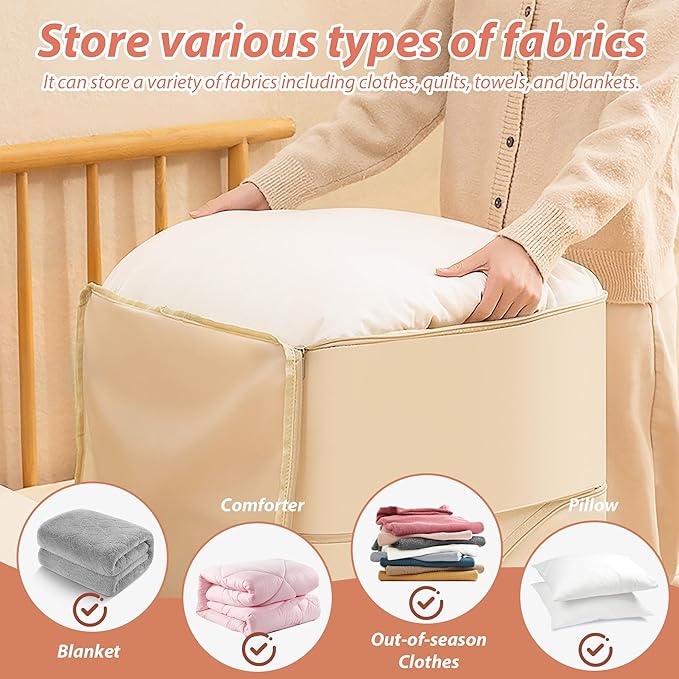 Veki Comforter Storage Bag, Space Saving Self Compression Foldable Blanket Storage Bags, Closet Organizer With Handle and VisualiZation Window, Large capacity 130L for Bedding, Clothes (Apricot L)